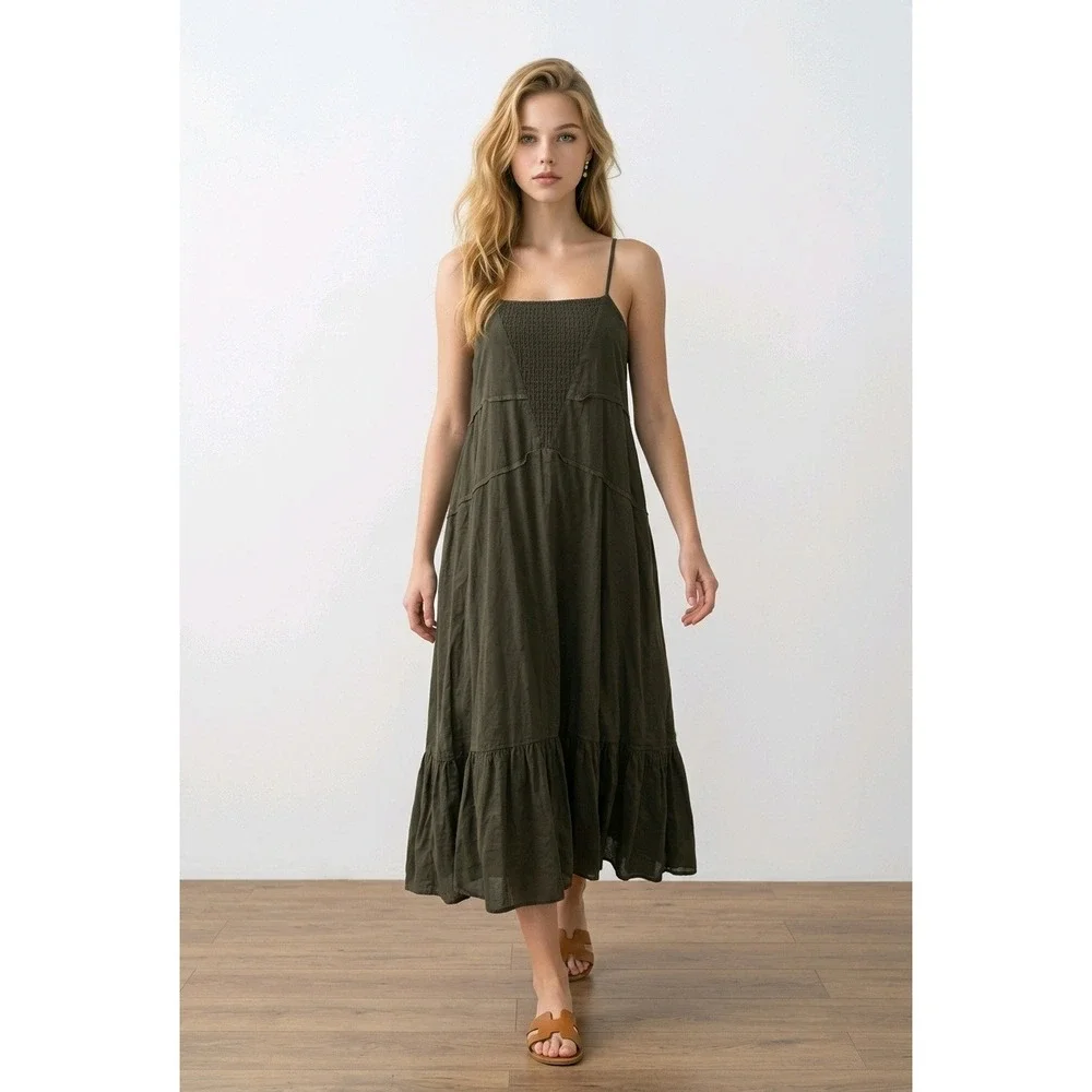 VTG Denim & Supply Ralph Lauren Dress Women XS Green Cotton Boho Sundress Ruffle